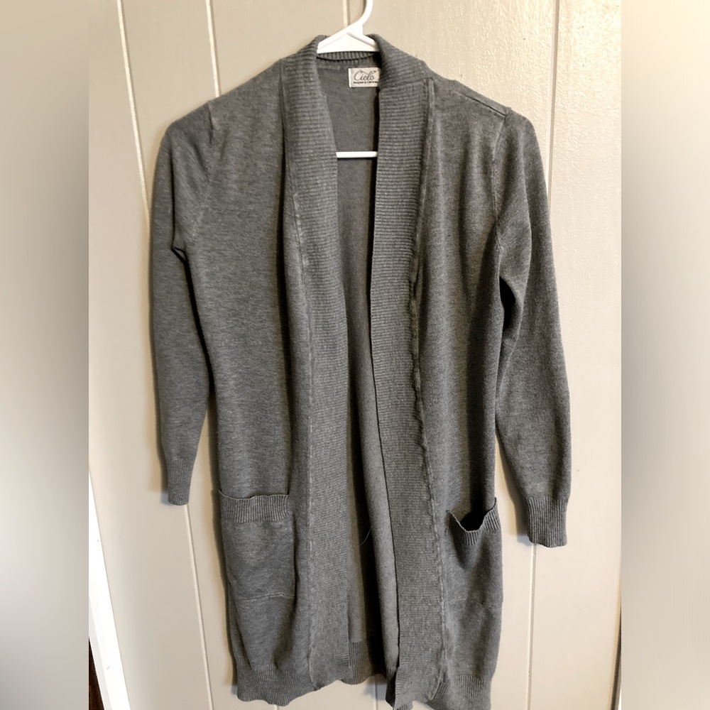 Long gray cardigan sweater